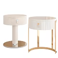 Modern Bedside Tables With Cream And White Finish Single Drawer Golden Handles And Circular Base