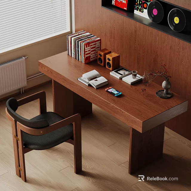 Modern Wooden Desk With Books Speakers Documents Smartphone And Vase Decor 3d model 