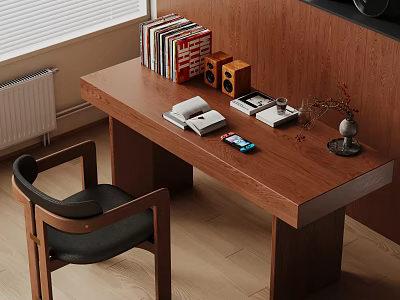 Modern Wooden Desk With Books Speakers Documents Smartphone And Vase Decor 3d model
