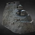 Ancient Buildings Constructed Along Layered Mountain Cliff With Traditional Architecture