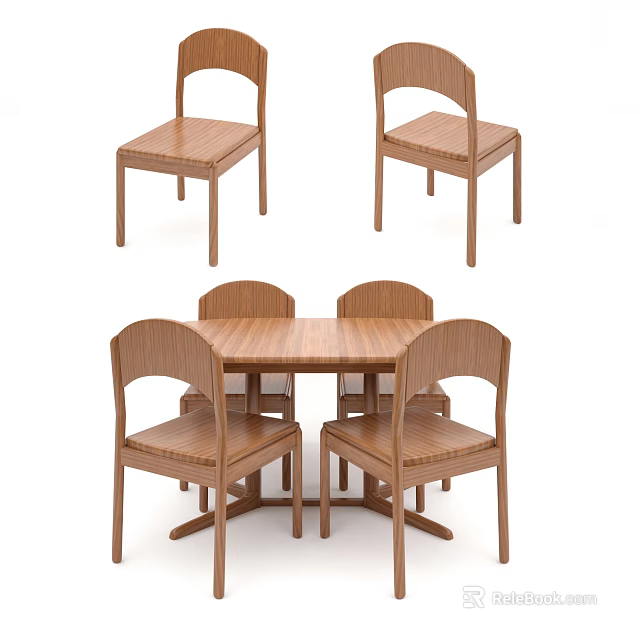 Modern Wooden Dining Table Set With Simple Design And Four Chairs 3d model