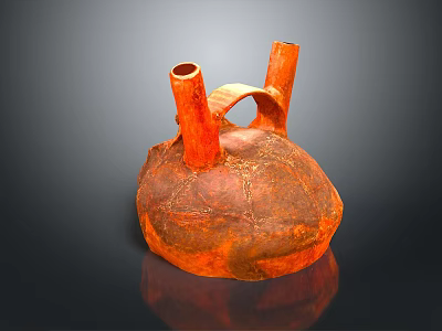 Artistic Orange Clay Sculpture Carving with Two Tubular Spouts Handle and Textured Surface 3d model