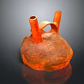 Artistic Orange Clay Sculpture Carving with Two Tubular Spouts Handle and Textured Surface