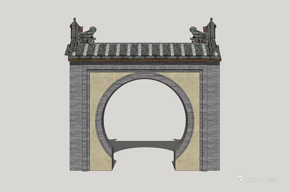 Traditional Garden Scenic Wall Featuring Gray Tiles Stone Bricks Circular Archway And Decorative Top 3d model 