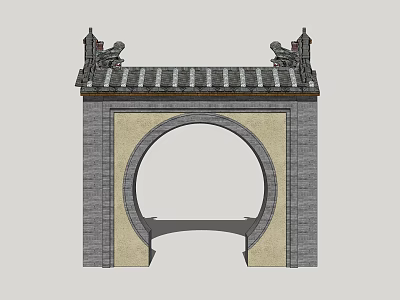 Traditional Garden Scenic Wall Featuring Gray Tiles Stone Bricks Circular Archway And Decorative Top 3d model