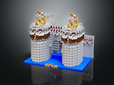 Cartoon Scenery of Lego Built Castle Towers with Golden Decorations White Brown and Blue Base 3d model
