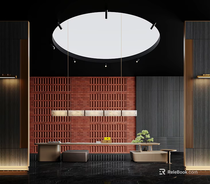 Modern Tea Room With Round Ceiling Light Red Brick Lattice Wall And Wooden Elements 3d model