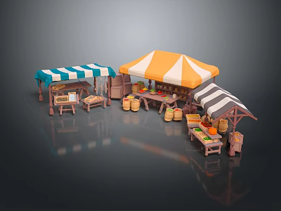 Colorful Market Stalls With Striped Canopies Displaying Fresh Fruits Vegetables Wooden Crates And Tables 3d model