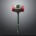 3D Rendered Hammer Shaped Weapon With Red Cylindrical Parts Green Knob And White Ring Handle