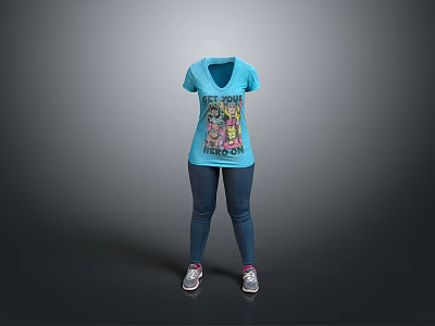 Blue V Neck T Shirt With Colorful Cartoon Graphic Design For Daily Wear 3d model
