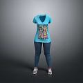Blue V Neck T Shirt With Colorful Cartoon Graphic Design For Daily Wear
