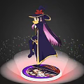Woman With Purple Hair Wearing Black Witch Hat Holding Object With Colorful Sparkles On Base
