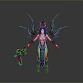 Fantasy Woman Character With Elaborate Wings Green Blue Outfit And Decorative Weapon