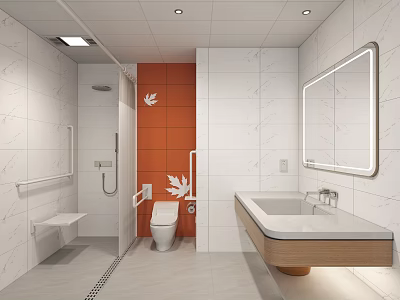 Modern Bathroom Design With White Marble Walls Orange Accent Shower Grab Bars And Wooden Vanity 3d model