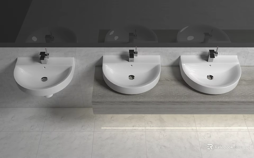 Three White Washbasins on Grey Countertop with Modern Faucets in Contemporary Bathroom 3d model 