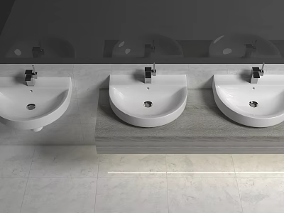 Three White Washbasins on Grey Countertop with Modern Faucets in Contemporary Bathroom 3d model