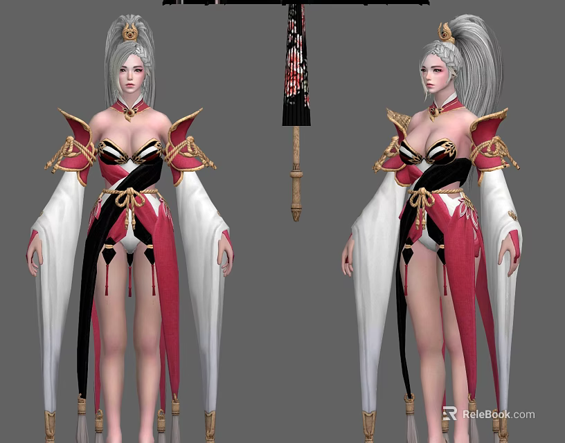 Game Anime Warrior Character With Silver Hair Elaborate Costume And Decorative Sword 3d model 
