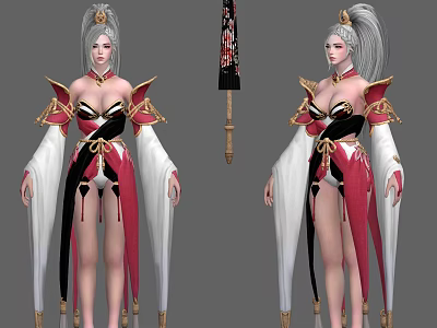 Game Anime Warrior Character With Silver Hair Elaborate Costume And Decorative Sword 3d model