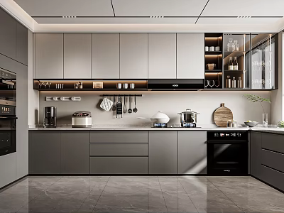 Modern Kitchen Interior Design With Gray Cabinets Countertop Open Shelves And Appliances 3d model
