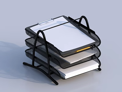 Black Multi Tiered Mesh File Organizer With Clipboard And Stacked Papers For Office Desk Organization 3d model