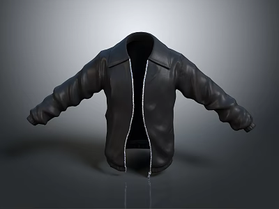 Black Leather Jacket Classic Style With Front Zipper For Casual Wear 3d model