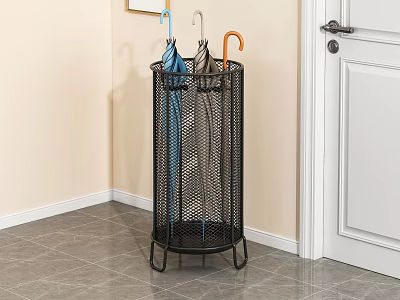 Black Metal Mesh Storage Rack For Umbrella Storage In Corner Near Doorway With Sturdy Design 3d model