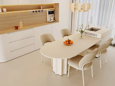 Modern Light Colored Dining Table Set With Four Chairs Fruit Bowl And Flower Vase 3d model
