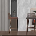 Modern Bar Stools With Woven Backrest Leather Seat And Wooden Legs In Indoor Space
