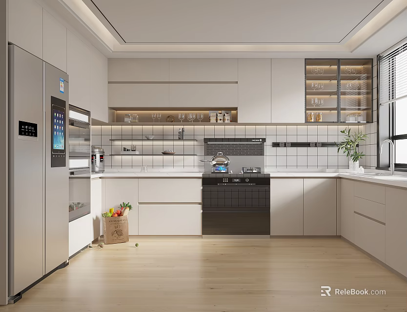 Modern Kitchen Interior With White Cabinets Stainless Steel Refrigerator And Wooden Flooring 3d model 