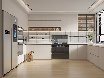 Modern Kitchen Interior With White Cabinets Stainless Steel Refrigerator And Wooden Flooring 3d model