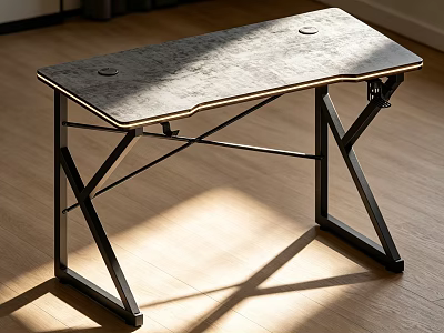 Modern Desk With Gray Tabletop And Black X Shaped Legs On Wooden Floor With Sunlight 3d model