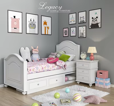 White Kids Bed with Stuffed Toys Pillow Nightstand Lamp Clock and Animal Wall Art 3d model