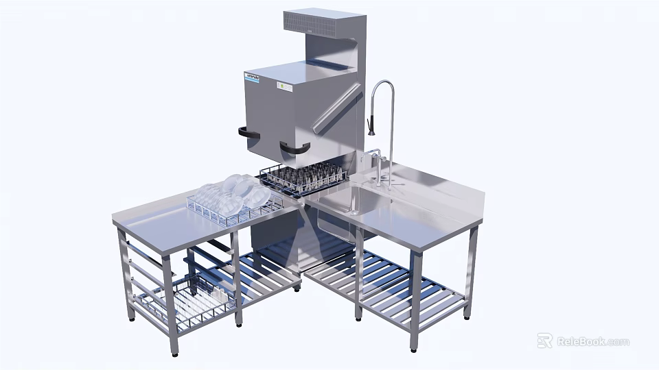 Stainless Steel Commercial Kitchen Workstation With Sink Faucet And Storage Shelves Appliances 3d model 