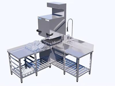 Stainless Steel Commercial Kitchen Workstation With Sink Faucet And Storage Shelves Appliances 3d model