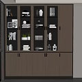 Modern Wooden File Cabinet With Glass Doors Multiple Shelves And Decorative Items