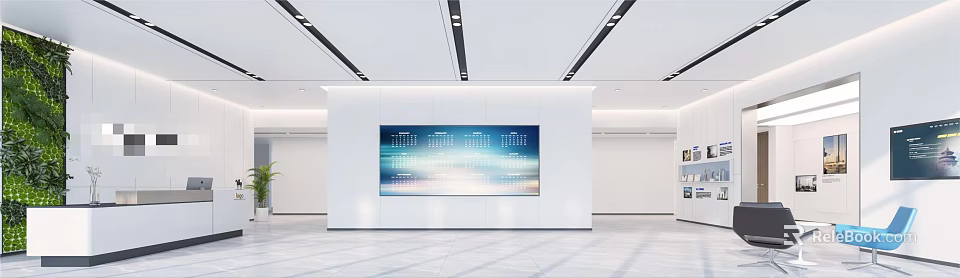 Modern Front Desk Reception Area With Large Digital Calendar Screen And Bright White Wall 3d model 