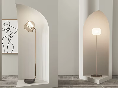 Modern Floor Lamps In Arched Niches With Abstract Art And Warm Illumination 3d model