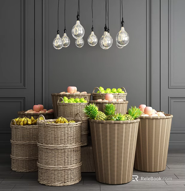 Wicker Baskets Filled With Various Fruits Against Gray Wall With Pendant Lights 3d model 