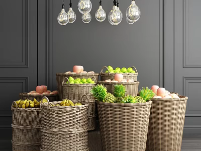 Wicker Baskets Filled With Various Fruits Against Gray Wall With Pendant Lights 3d model