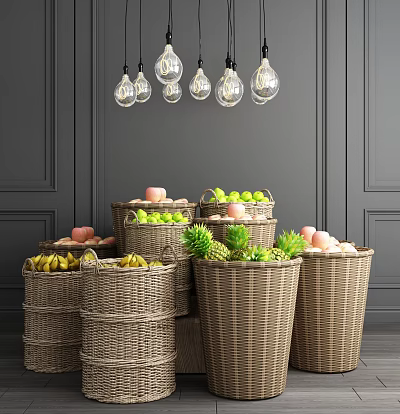 Wicker Baskets Filled With Various Fruits Against Gray Wall With Pendant Lights 3d model