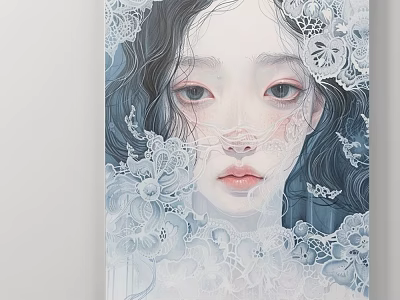 Delicate Female Portrait Painting With Lace Details Blue White Tones Gentle Eyes Artwork 3d model