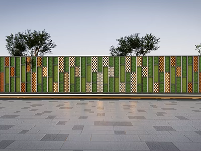 Scenic Feature Wall With Green And Orange Geometric Patterns Against Trees And Gray Stone Pavement 3d model