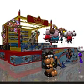 Colorful Toy Display Area With Cartoon Dolls Balloons Shelves And Toy Boxes