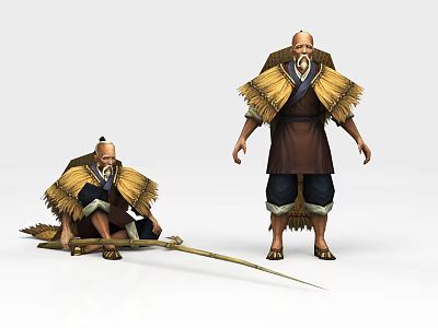Traditional Warrior Characters In Straw Clothing Standing And Sitting With Sword 3d model