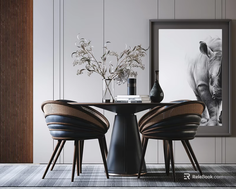 Contemporary Dining Table Set With Woven Chairs Vase Decorative Items And Rhino Wall Art 3d model 