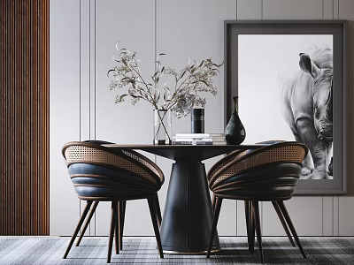 Contemporary Dining Table Set With Woven Chairs Vase Decorative Items And Rhino Wall Art 3d model