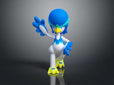 3D Blue Creature Character With Green Goggles White Body Yellow Feet And Waving Pose 3d model