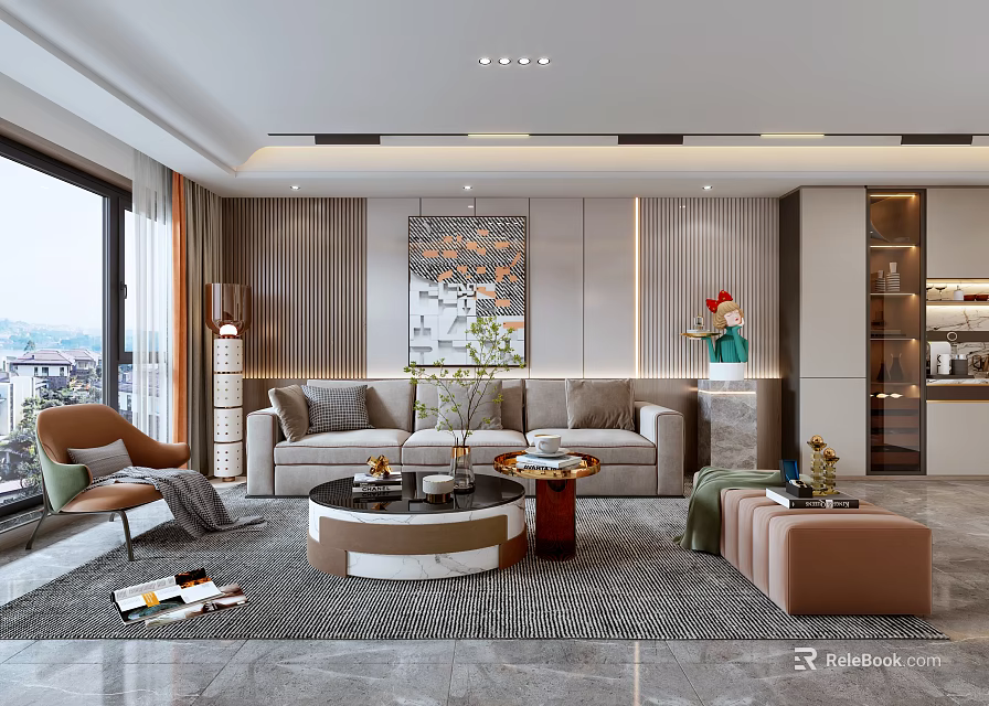 Modern Living Room Interior Design With Sofa Coffee Table Area Rug Accent Chair And Decorative Painting 3d model 