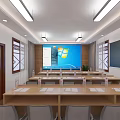 Modern Office Interior With Conference Table Gray Chairs Geometric Window Wall Art And Potted Plant
