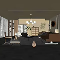 Modern Living Room Interior With Brown Sofa Wooden Bookshelves White Globe Chandelier And Round Mirror